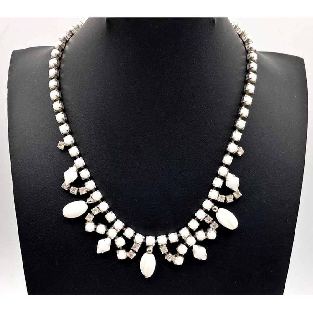 Rhinestone Beaded Necklace Clear and Opaque White Rhinestones Glass Bead Vintage